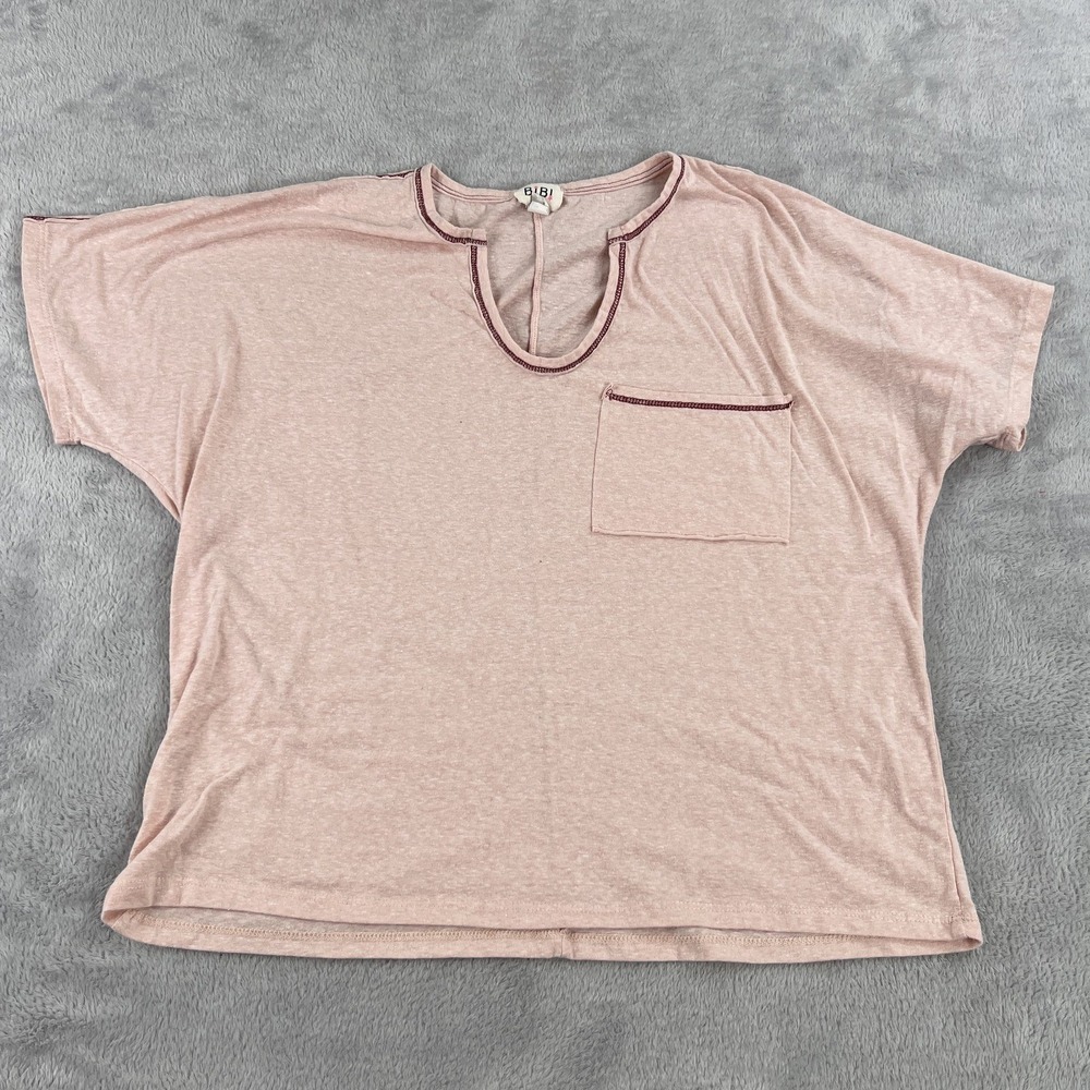 BIBI Boxy Split Neck Pocket Tee Women's S Pink Casual Lightweight Short Sleeve